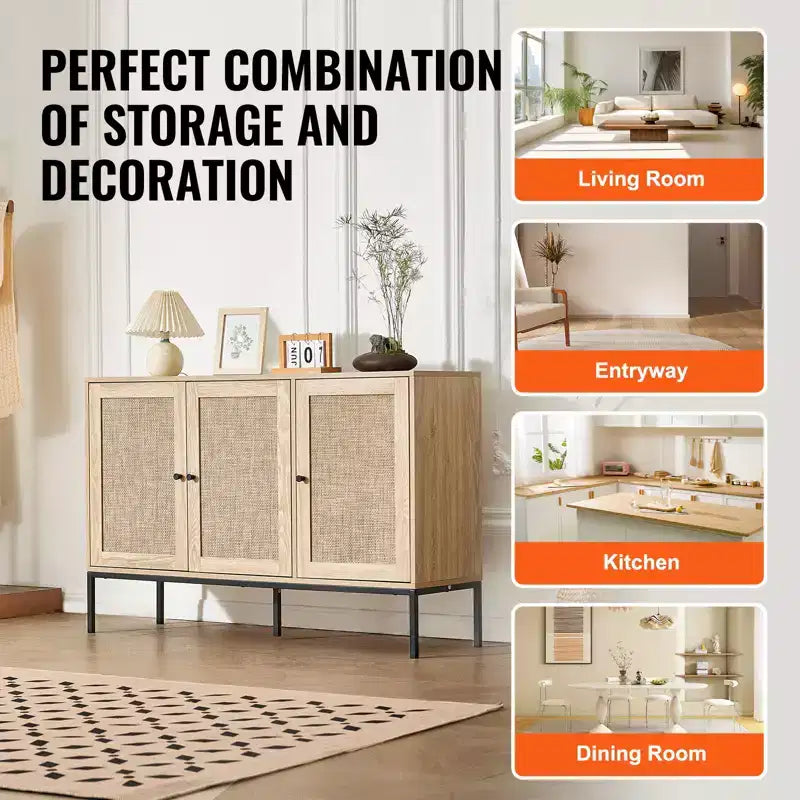 Mobile in Rattan VEVOR, Mobile Contenitore in Rattan con 3 Ante Magnetiche e Ripiani Regolabili, Credenza a Buffet per Corridoio, Ingresso