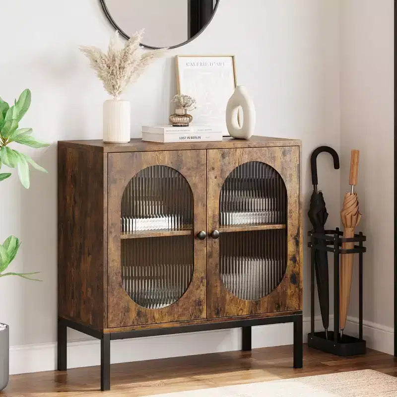 Credenza in rattan, Armadietto buffet, Mobile consolle in legno con ripiano portaoggetti, Credenza per corridoio, ingresso, soggiorno
