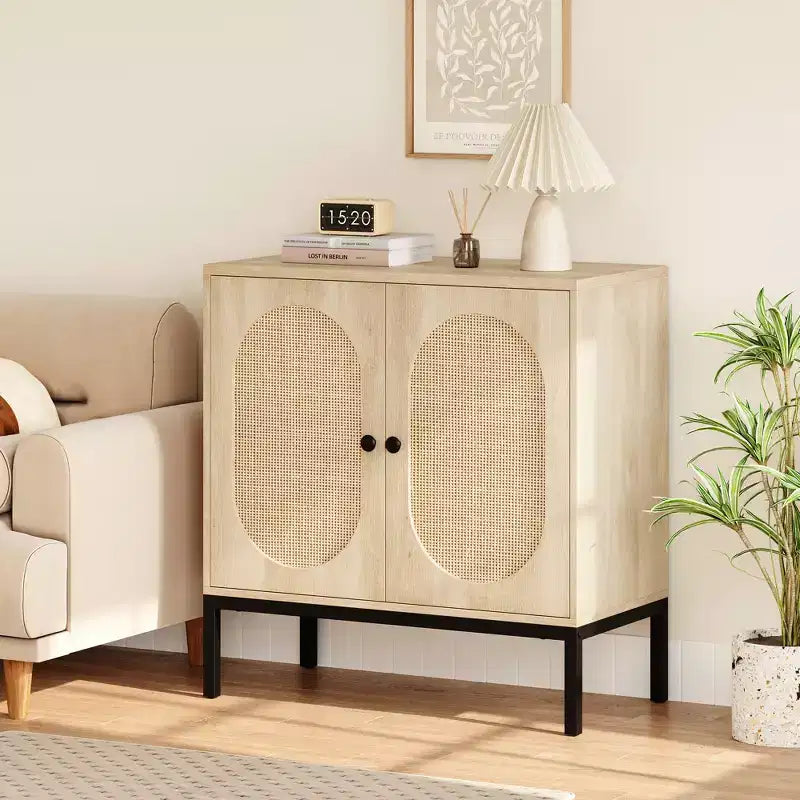 Credenza in rattan, Armadietto buffet, Mobile consolle in legno con ripiano portaoggetti, Credenza per corridoio, ingresso, soggiorno