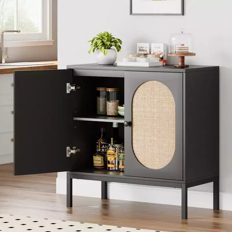 Credenza in rattan, Armadietto buffet, Mobile consolle in legno con ripiano portaoggetti, Credenza per corridoio, ingresso, soggiorno