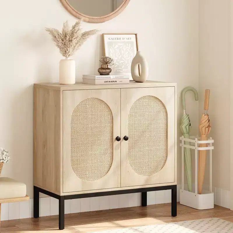 Credenza in rattan, Armadietto buffet, Mobile consolle in legno con ripiano portaoggetti, Credenza per corridoio, ingresso, soggiorno