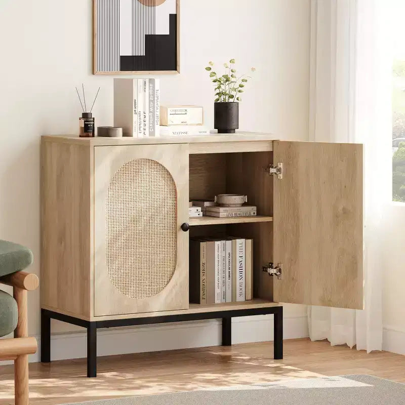 Credenza in rattan, Armadietto buffet, Mobile consolle in legno con ripiano portaoggetti, Credenza per corridoio, ingresso, soggiorno