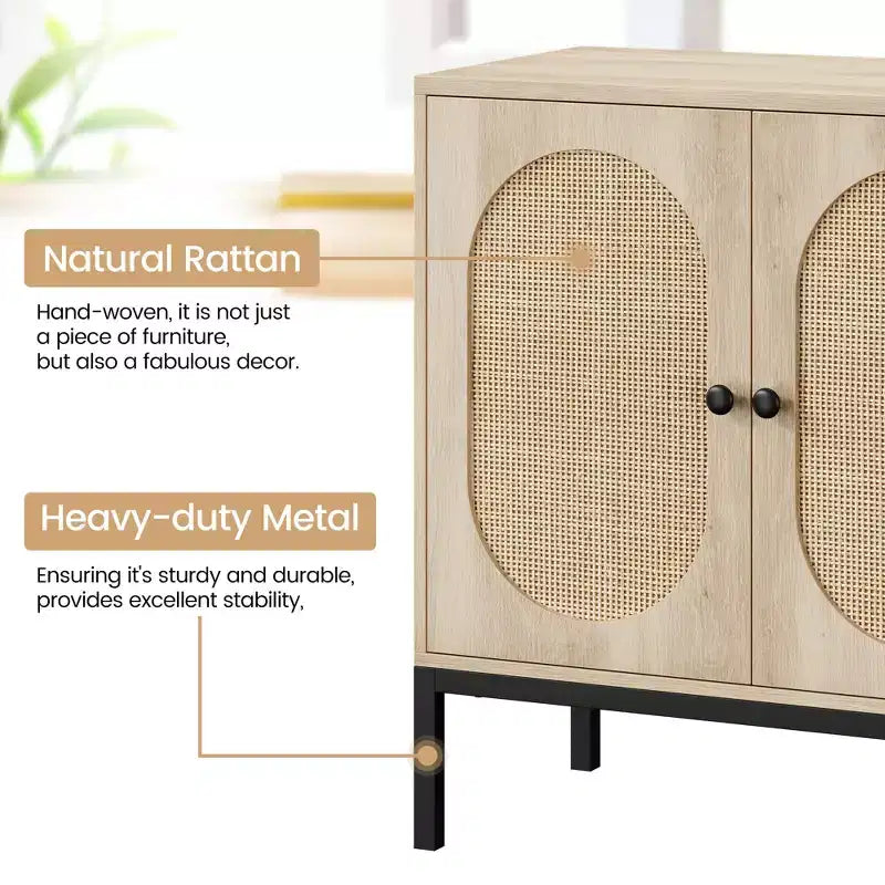 Credenza in rattan, Armadietto buffet, Mobile consolle in legno con ripiano portaoggetti, Credenza per corridoio, ingresso, soggiorno