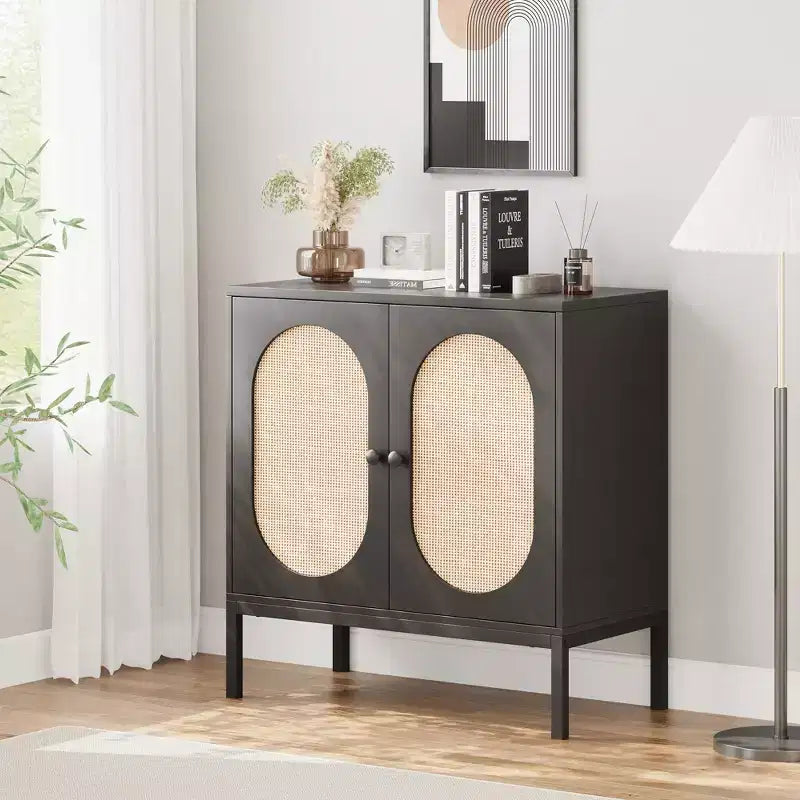 Rattan Storage Cabinet, Sideboard Buffet Cabinet, Wood Console Cabinet with Storage Shelf, Sideboard Cabinet for Hallway, Entryway, Living Room