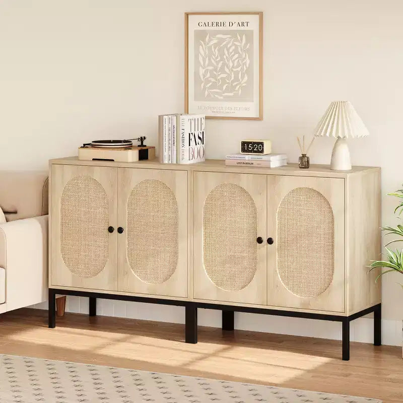 Credenza in rattan, Armadietto buffet, Mobile consolle in legno con ripiano portaoggetti, Credenza per corridoio, ingresso, soggiorno