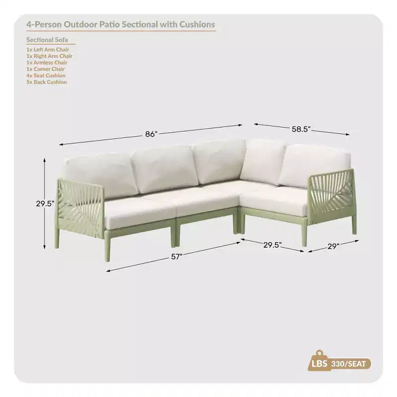 WestinTrends Playa, set modulare moderno a 4 pezzi a L in resina di polipropilene per patio, verde