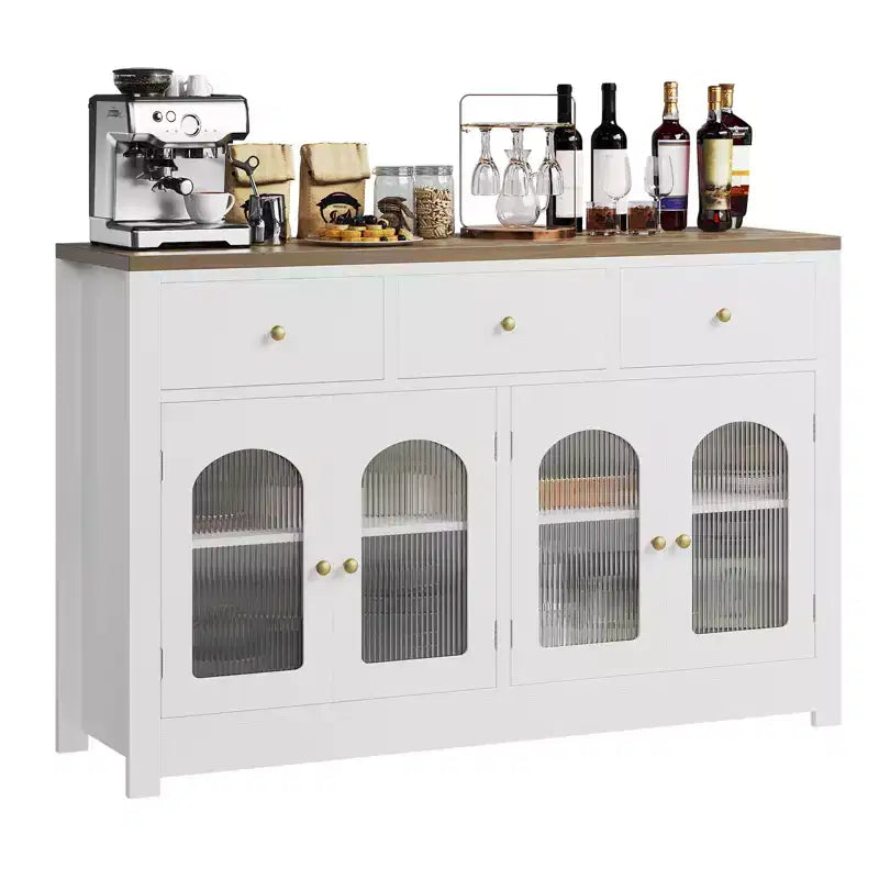 55 Inch Farmhouse Buffet Cabinet, Large Wood Narrow Kitchen Buffet Storage Cabinet for Dining Room Living Room Coffee Bar with Drawers and 4 Doors