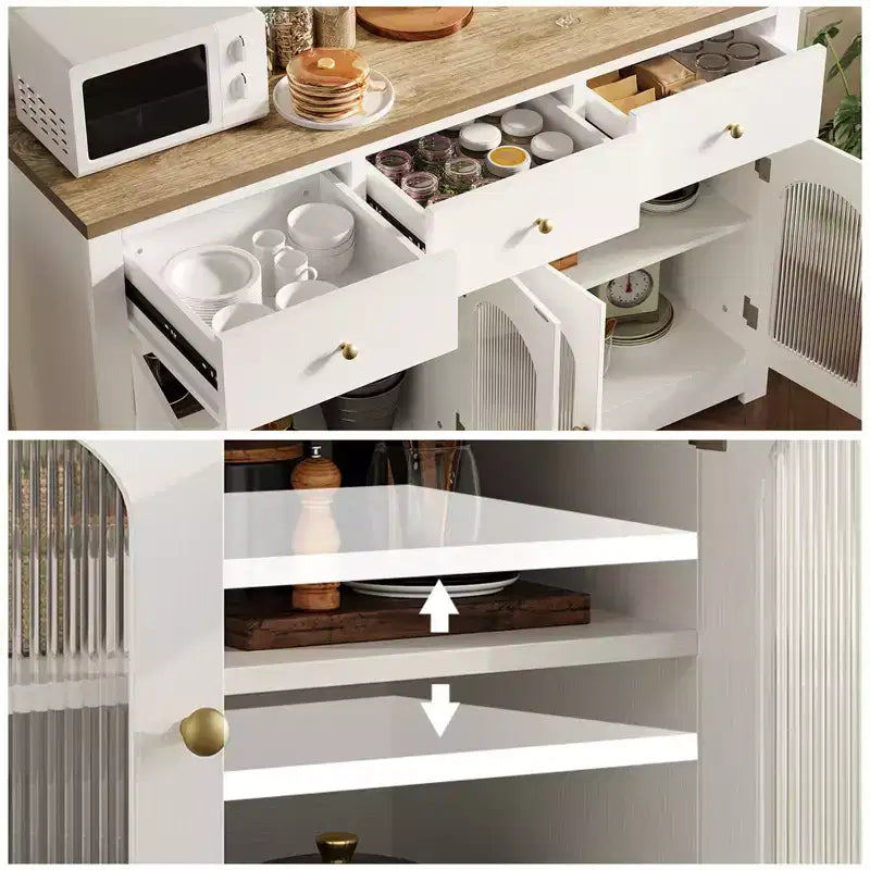 Meuble de buffet de ferme de 55 pouces, grand meuble de rangement de cuisine étroit en bois pour salle à manger, salon, bar à café avec tiroirs et 4 portes