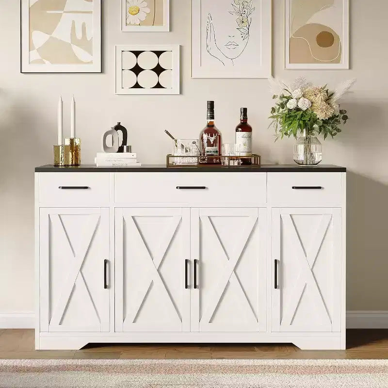 Acekool 55 Farmhouse Buffet Cabinet  Spacious Storage with Drawers for Kitchen, Dining & Living Room (White/Black)
