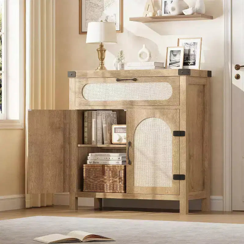 Rattan Sideboard Buffet Cabinets with Storage, MDF Sideboard, Wooden Sideboard, Boho Wooden Coffee Bar Cabinet for Dining Room, Living Room, Natural