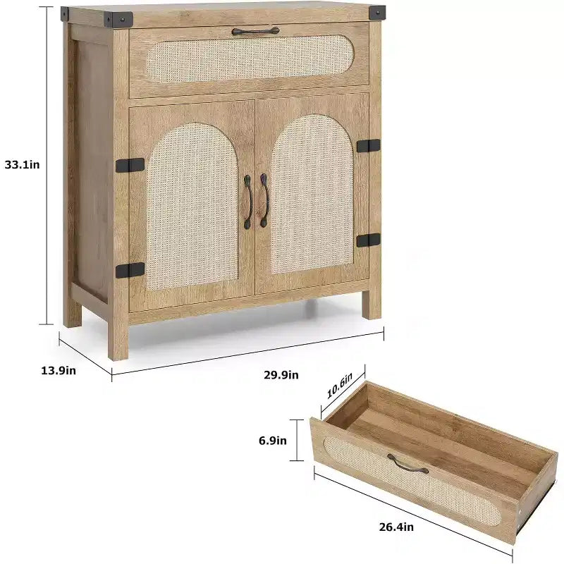 Madia in Rattan con Ante e Ripiani, Madia in MDF, Madia in Legno, Mobiletto Bar Boho in Legno per Sala da Pranzo, Soggiorno, Naturale
