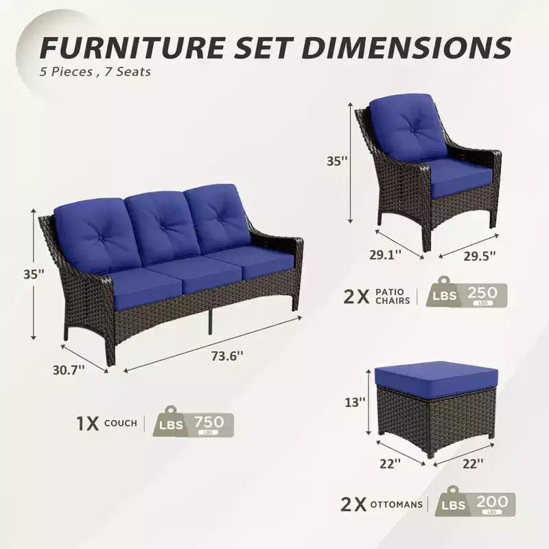 Set di mobili da giardino in vimini a 5 pezzi EAGLE PEAK Azure Bay, divano e sedie con pouf