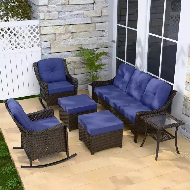 EAGLE PEAK Azure Bay Ensemble de mobilier de jardin en osier 6 pièces, canapé et fauteuils à bascule avec poufs et table d'appoint