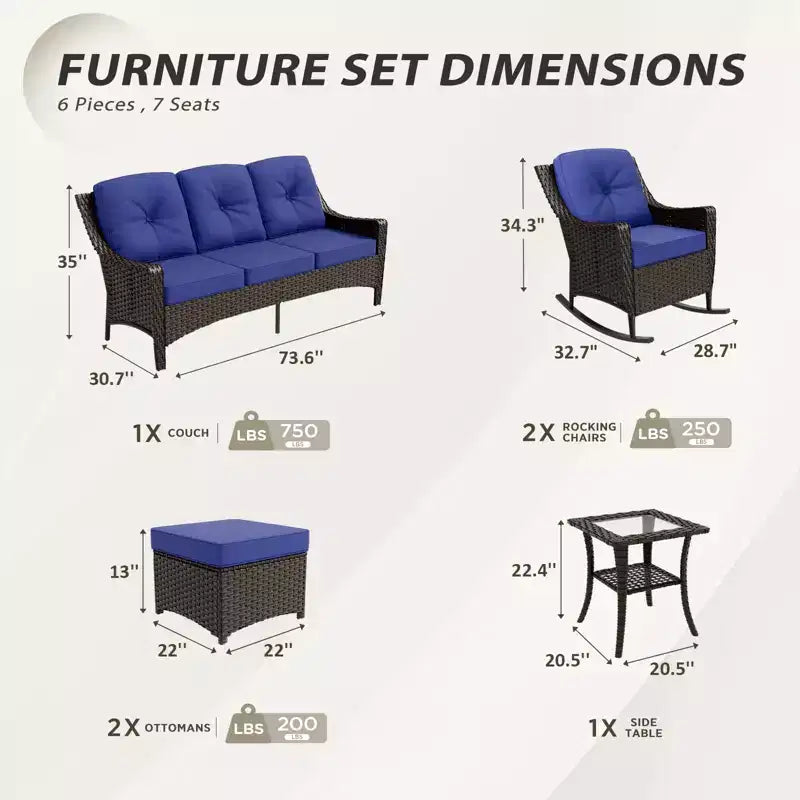 EAGLE PEAK Azure Bay Ensemble de mobilier de jardin en osier 6 pièces, canapé et fauteuils à bascule avec poufs et table d'appoint