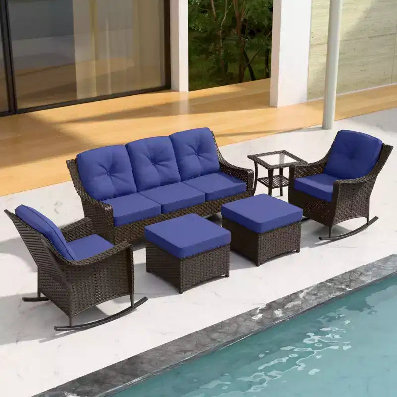 EAGLE PEAK Azure Bay Ensemble de mobilier de jardin en osier 6 pièces, canapé et fauteuils à bascule avec poufs et table d'appoint