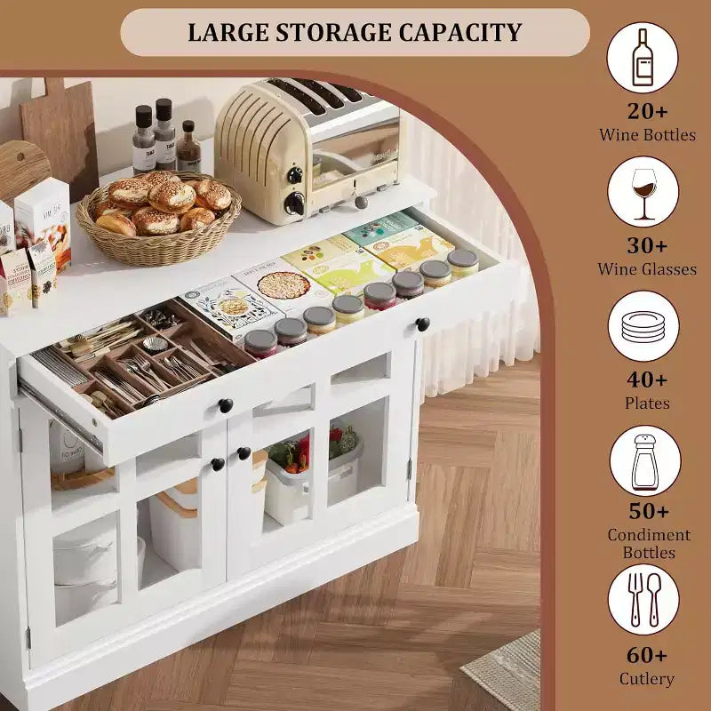 Credenza da cucina, buffet a 2 ante in vetro, cassetto in legno, pannello posteriore in MDF, mobile bar moderno con ripiano regolabile