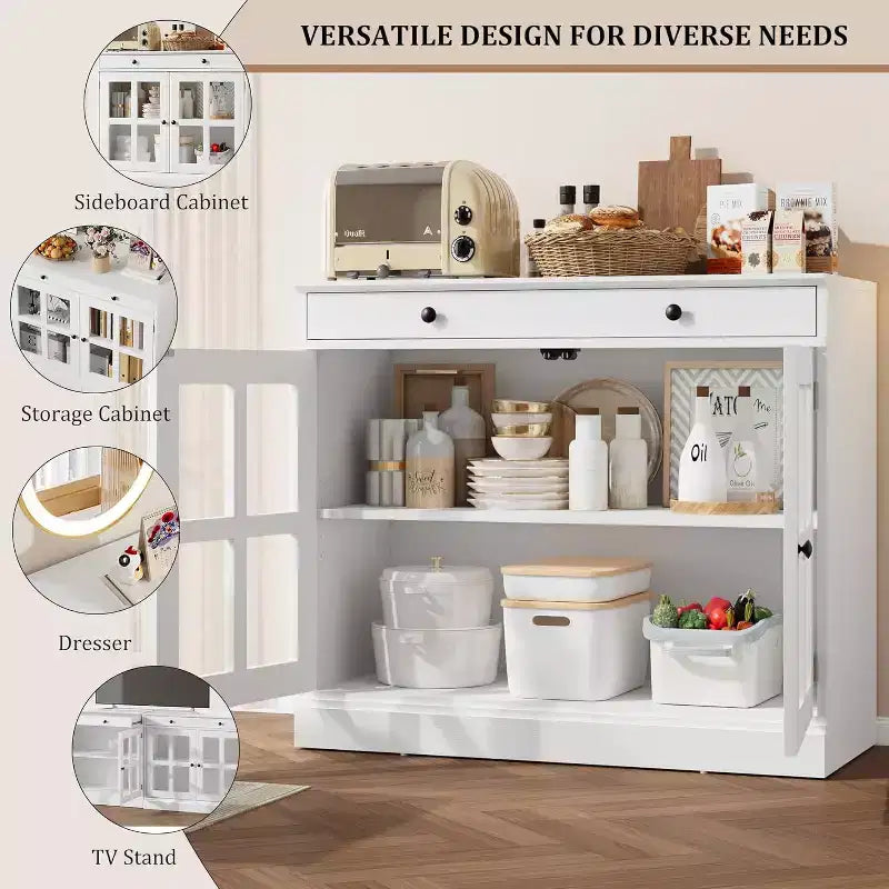 Credenza da cucina, buffet a 2 ante in vetro, cassetto in legno, pannello posteriore in MDF, mobile bar moderno con ripiano regolabile