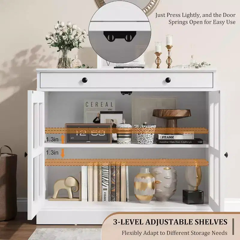 Credenza da cucina, buffet a 2 ante in vetro, cassetto in legno, pannello posteriore in MDF, mobile bar moderno con ripiano regolabile
