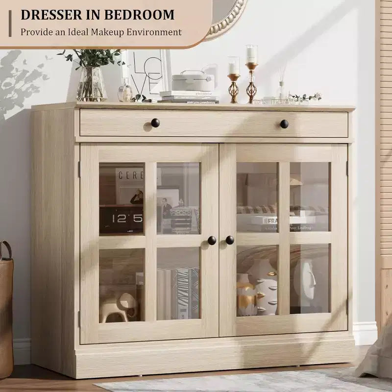 Credenza da cucina, buffet a 2 ante in vetro, cassetto in legno, pannello posteriore in MDF, mobile bar moderno con ripiano regolabile