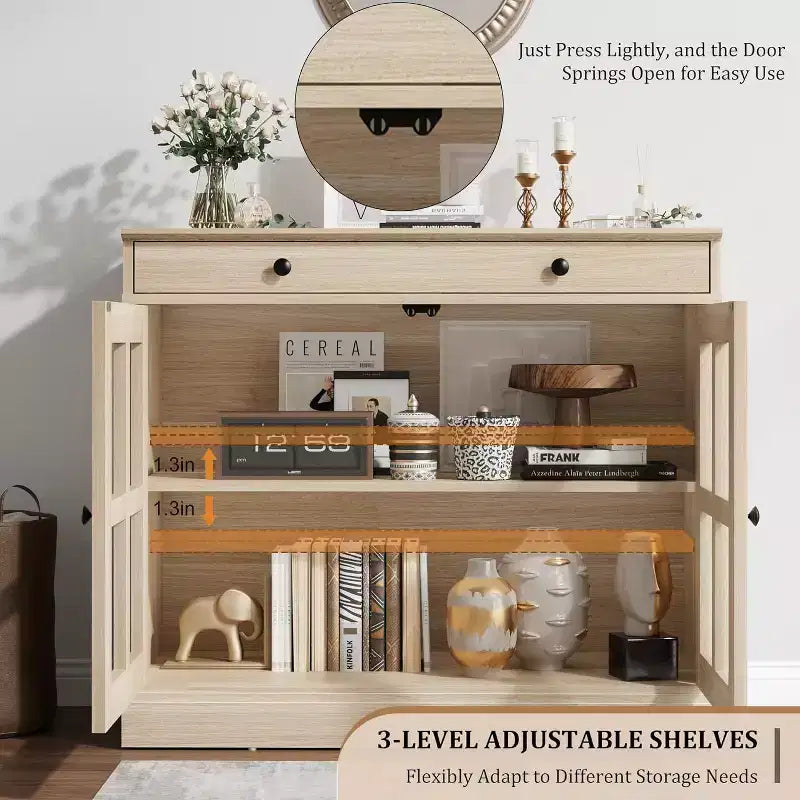 Credenza da cucina, buffet a 2 ante in vetro, cassetto in legno, pannello posteriore in MDF, mobile bar moderno con ripiano regolabile
