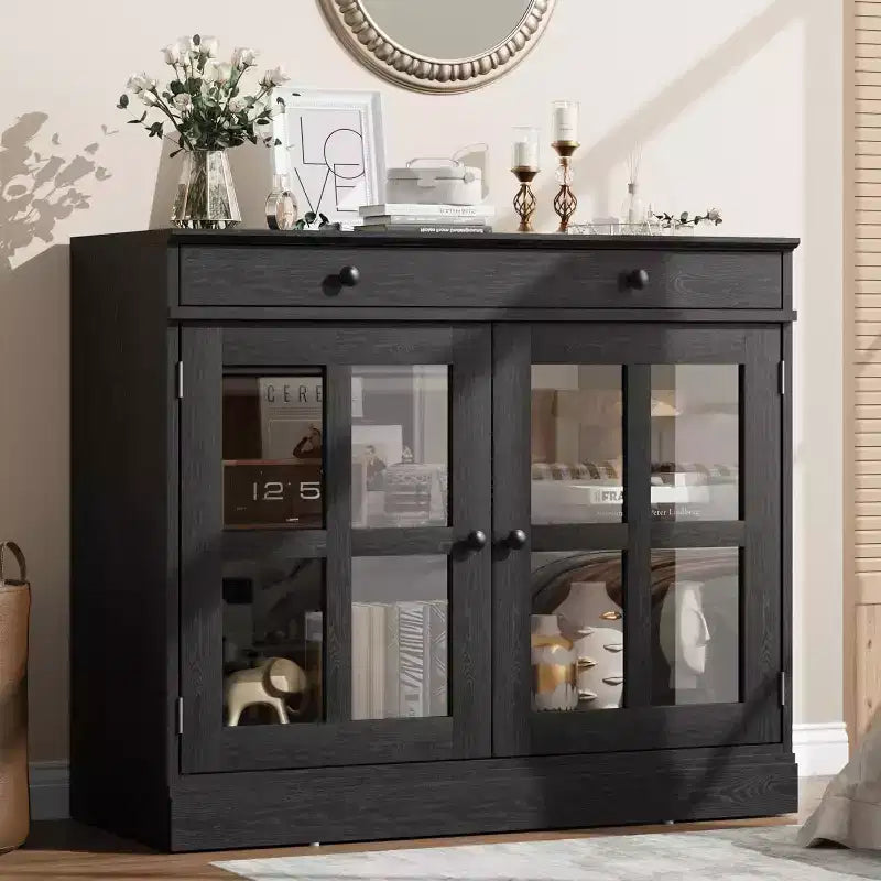 Meuble de Rangement de Cuisine, Buffet avec 2 Portes Vitrées, Tiroir en Bois, Panneau Arrière en MDF, Meuble Bar Moderne avec Étagère Réglable
