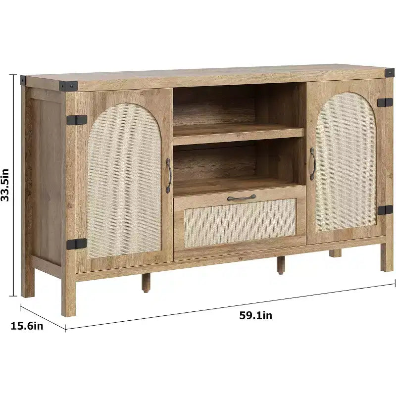Credenza da Cucina Rustica 59, Madia Moderna in Legno, Credenza per Caffè in Rattan, Mobili Contemporanei per Soggiorno e Sala da Pranzo
