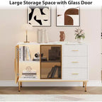46.4 Mobile Credenza a Buffet con Ante in Vetro, 3 Cassetti e Ripiani, Top in Marmo, per Sala da Pranzo e Cucina