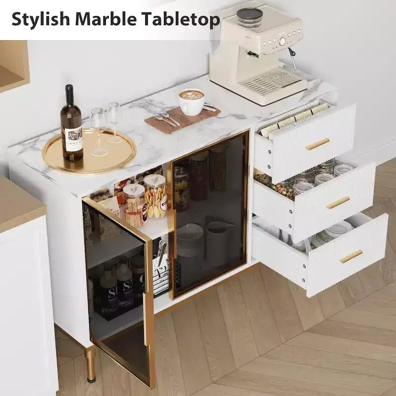 46.4 Mobile Credenza a Buffet con Ante in Vetro, 3 Cassetti e Ripiani, Top in Marmo, per Sala da Pranzo e Cucina