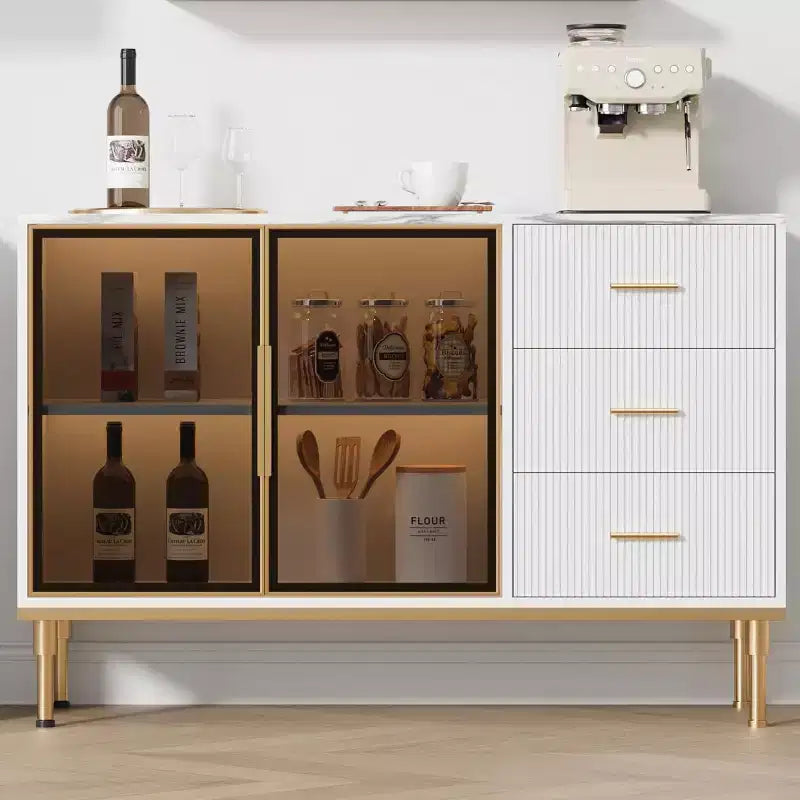 46.4 Mobile Credenza a Buffet con Ante in Vetro, 3 Cassetti e Ripiani, Top in Marmo, per Sala da Pranzo e Cucina