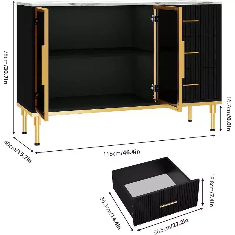 46.4 Mobile Credenza a Buffet con Ante in Vetro, 3 Cassetti e Ripiani, Top in Marmo, per Sala da Pranzo e Cucina
