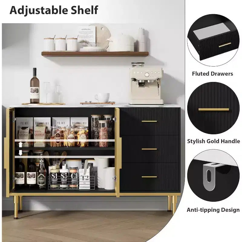 46.4 Mobile Credenza a Buffet con Ante in Vetro, 3 Cassetti e Ripiani, Top in Marmo, per Sala da Pranzo e Cucina