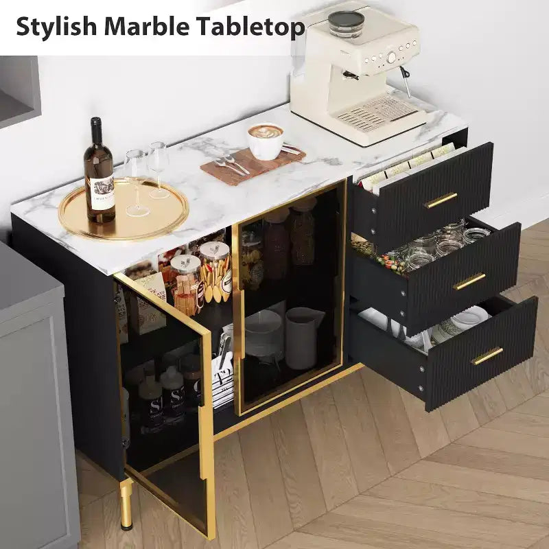 46.4 Mobile Credenza a Buffet con Ante in Vetro, 3 Cassetti e Ripiani, Top in Marmo, per Sala da Pranzo e Cucina