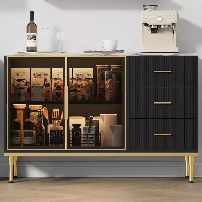 46.4 Mobile Credenza a Buffet con Ante in Vetro, 3 Cassetti e Ripiani, Top in Marmo, per Sala da Pranzo e Cucina