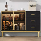 46.4 Mobile Credenza a Buffet con Ante in Vetro, 3 Cassetti e Ripiani, Top in Marmo, per Sala da Pranzo e Cucina