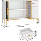 46.4 Mobile Credenza a Buffet con Ante in Vetro, 3 Cassetti e Ripiani, Top in Marmo, per Sala da Pranzo e Cucina