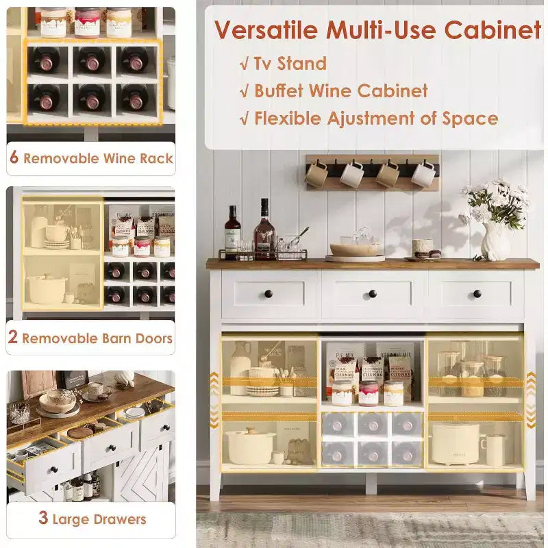 Credenza a buffet rustica con anta scorrevole a fienile e cassetto, ripiano regolabile e portabottiglie rimovibile