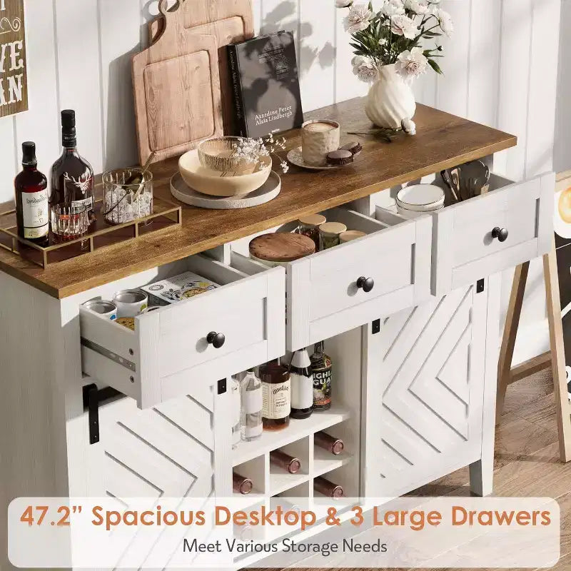 Credenza a buffet rustica con anta scorrevole a fienile e cassetto, ripiano regolabile e portabottiglie rimovibile