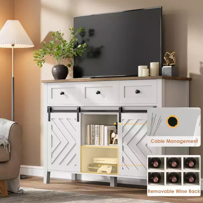 Credenza a buffet rustica con anta scorrevole a fienile e cassetto, ripiano regolabile e portabottiglie rimovibile