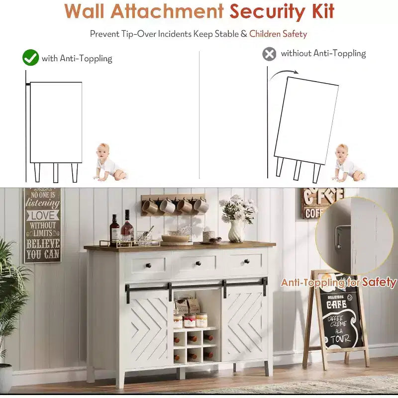 Credenza a buffet rustica con anta scorrevole a fienile e cassetto, ripiano regolabile e portabottiglie rimovibile