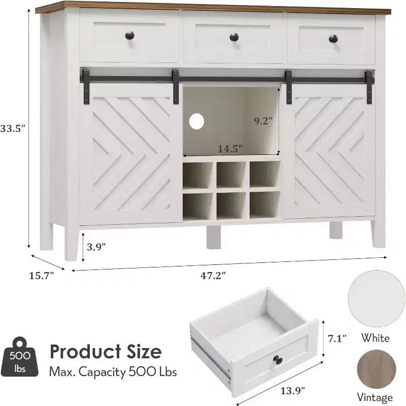 Credenza a buffet rustica con anta scorrevole a fienile e cassetto, ripiano regolabile e portabottiglie rimovibile
