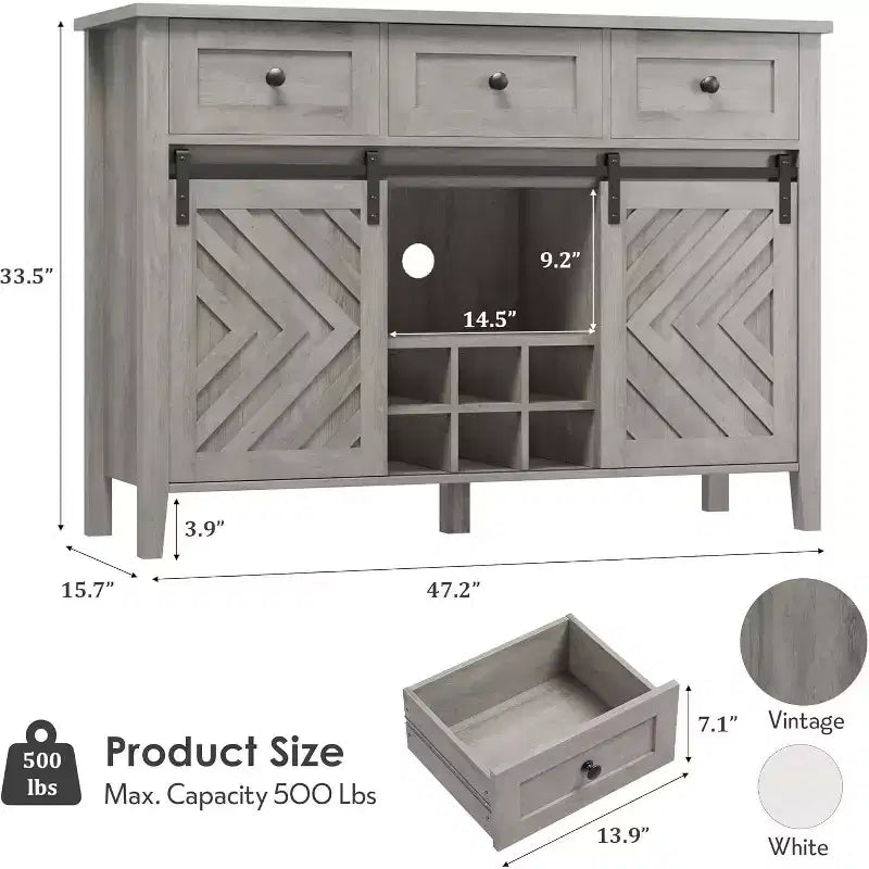Credenza a buffet rustica con anta scorrevole a fienile e cassetto, ripiano regolabile e portabottiglie rimovibile
