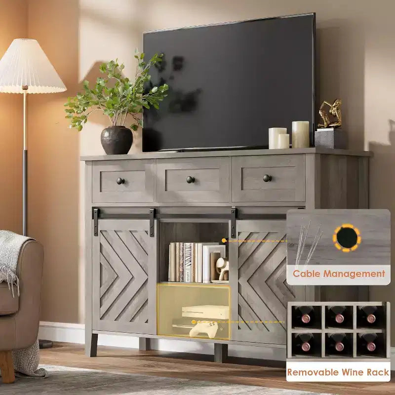 Credenza a buffet rustica con anta scorrevole a fienile e cassetto, ripiano regolabile e portabottiglie rimovibile