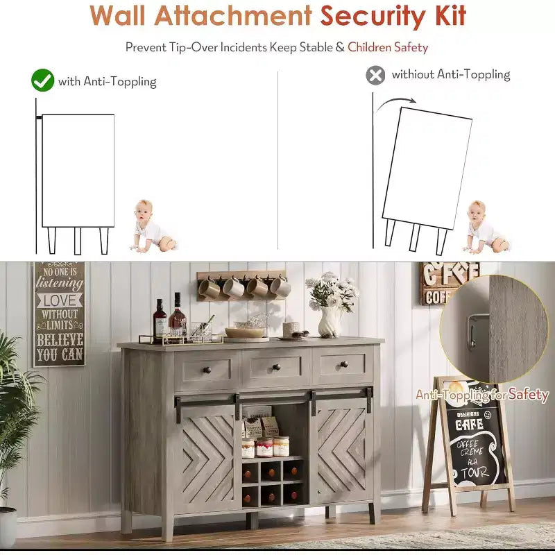 Credenza a buffet rustica con anta scorrevole a fienile e cassetto, ripiano regolabile e portabottiglie rimovibile