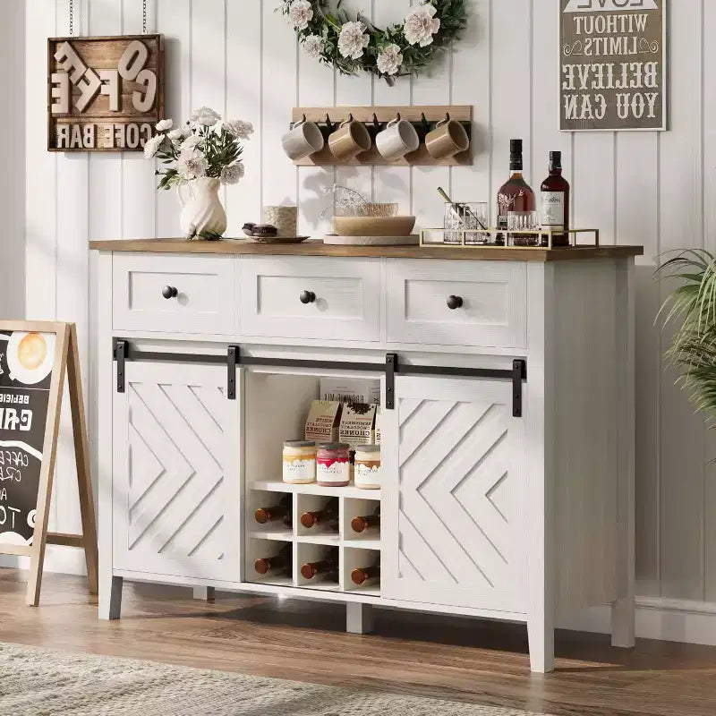 Farmhouse Buffet Cabinet with Sliding Barn Door and Drawer, Adjustable Shelf and Removable Wine Rack