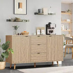 Coffee Bar Cabinet with 3 Drawers and 2 Doors, Sideboard Buffet Cabinet with Storage, Adjustable Shelf, Natural Wood Console, for Dinning Room