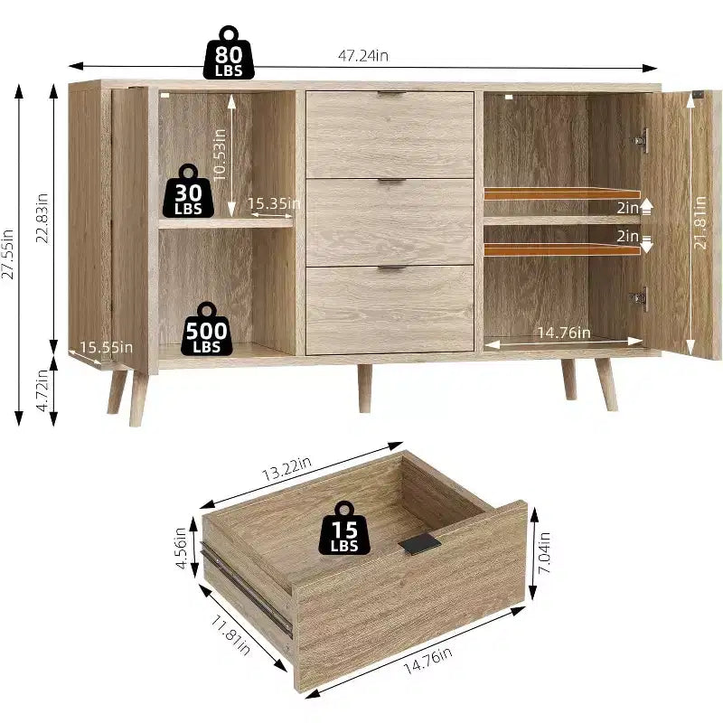 Meuble de bar à café avec 3 tiroirs et 2 portes, buffet de salle à manger avec rangement, étagère réglable, console en bois naturel, pour salle à manger