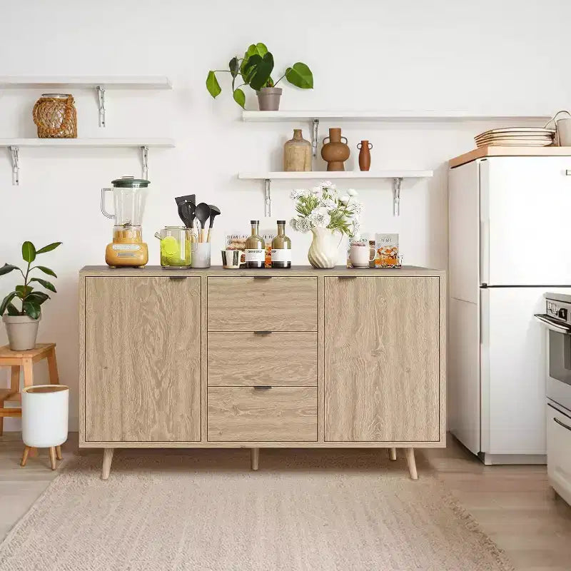 Meuble de bar à café avec 3 tiroirs et 2 portes, buffet de salle à manger avec rangement, étagère réglable, console en bois naturel, pour salle à manger