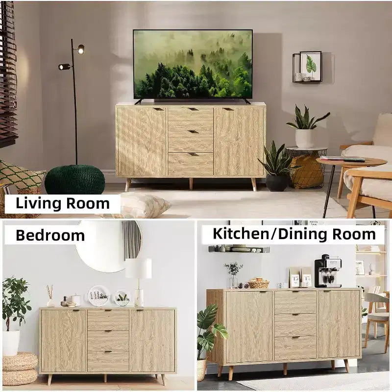 Meuble de bar à café avec 3 tiroirs et 2 portes, buffet de salle à manger avec rangement, étagère réglable, console en bois naturel, pour salle à manger