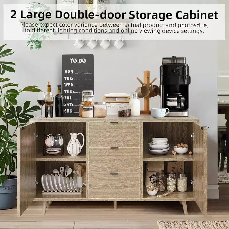 Meuble de bar à café avec 3 tiroirs et 2 portes, buffet de salle à manger avec rangement, étagère réglable, console en bois naturel, pour salle à manger
