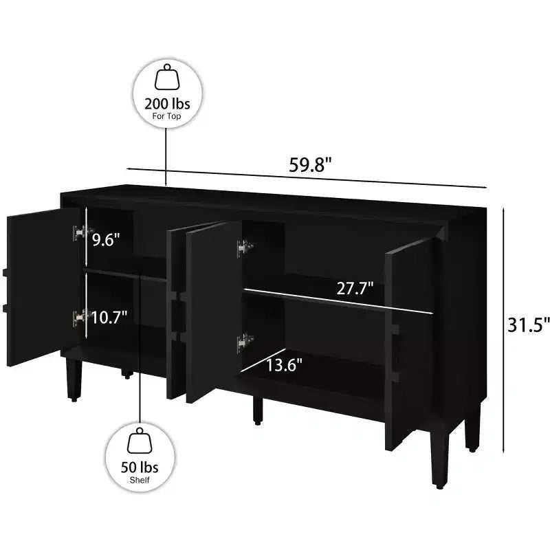 Madia Nera da 60 Pollici con Contenitore, Mobile Contenitore Moderno in Legno con 4 Ante e Maniglia con Design Quadrato
